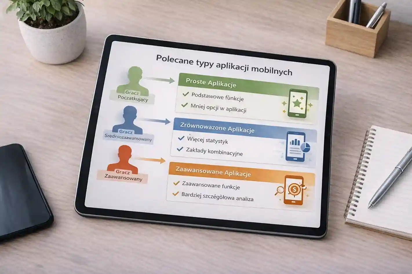 Infografika z rekomendacjami aplikacji dla różnych typów graczy