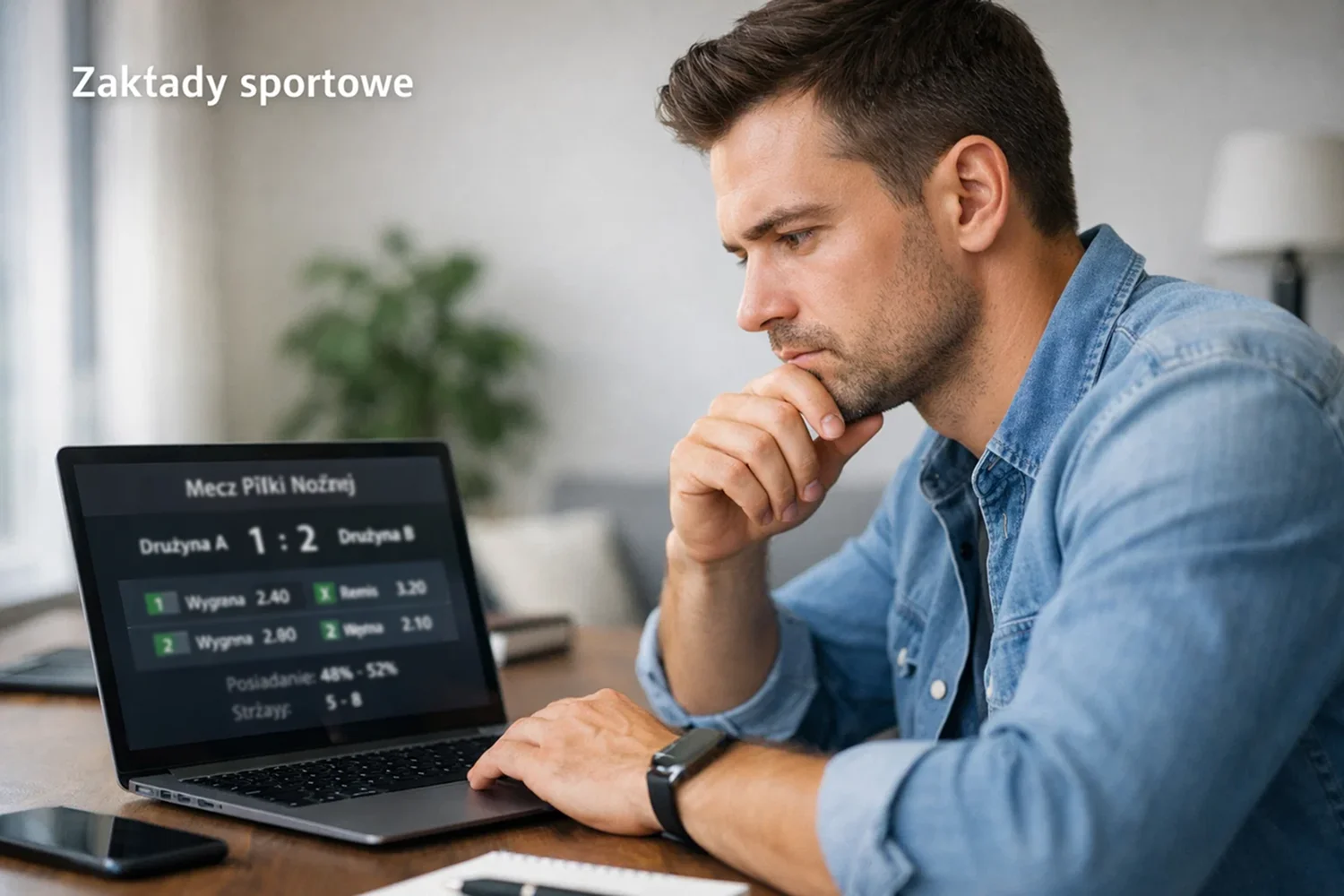 Profesjonalny gracz analizujący zakłady sportowe na laptopie