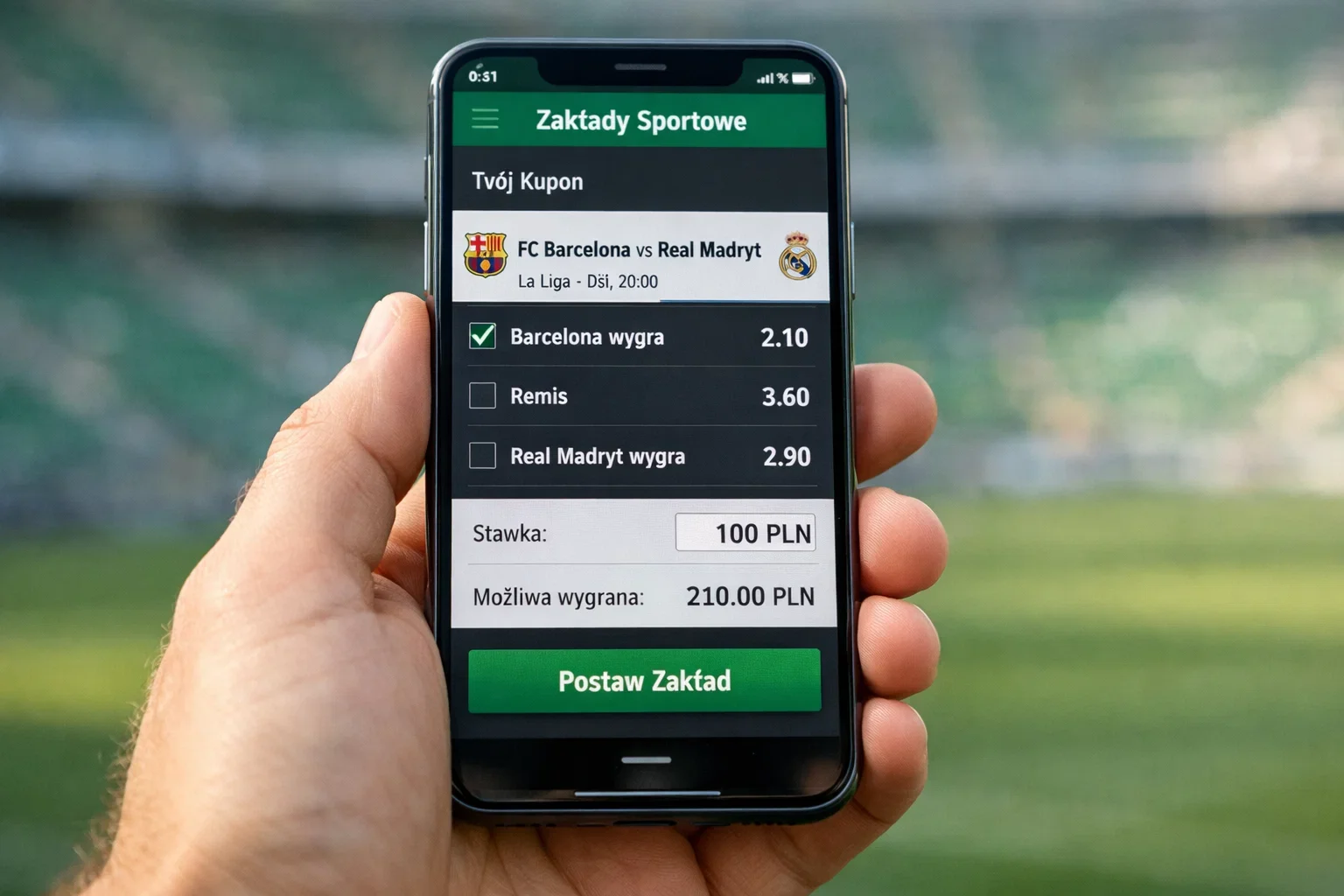 Ręka trzymająca smartfon z aplikacją do zakładów sportowych