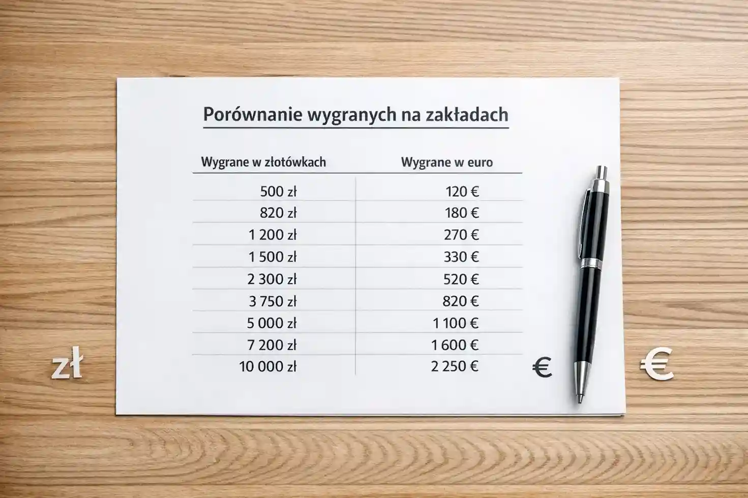 Dokument z porównaniem wygranych przy różnych stawkach zakładów