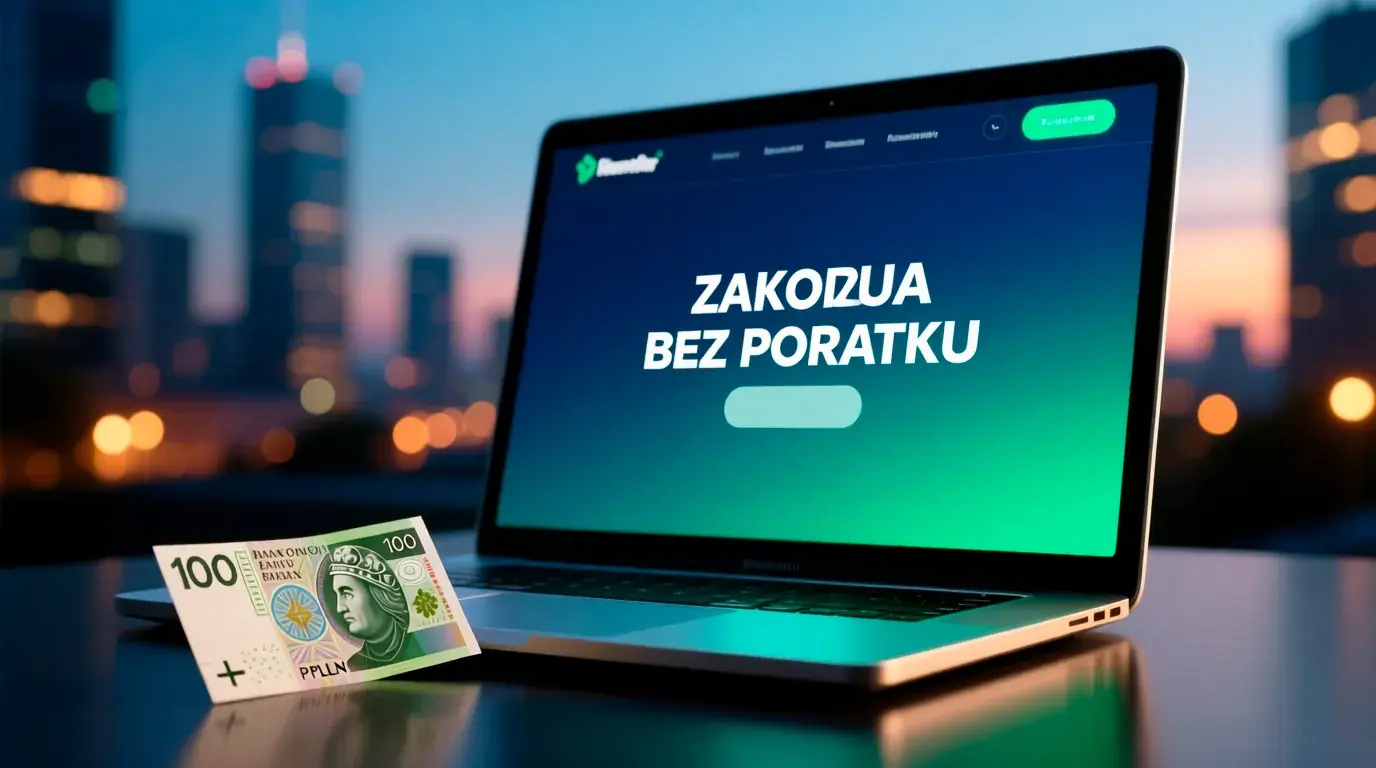 Bukmacherskie bez podatku - laptop z interfejsem zakładów sportowych, polskie złotówki i kalkulator pokazujący 14% oszczędności