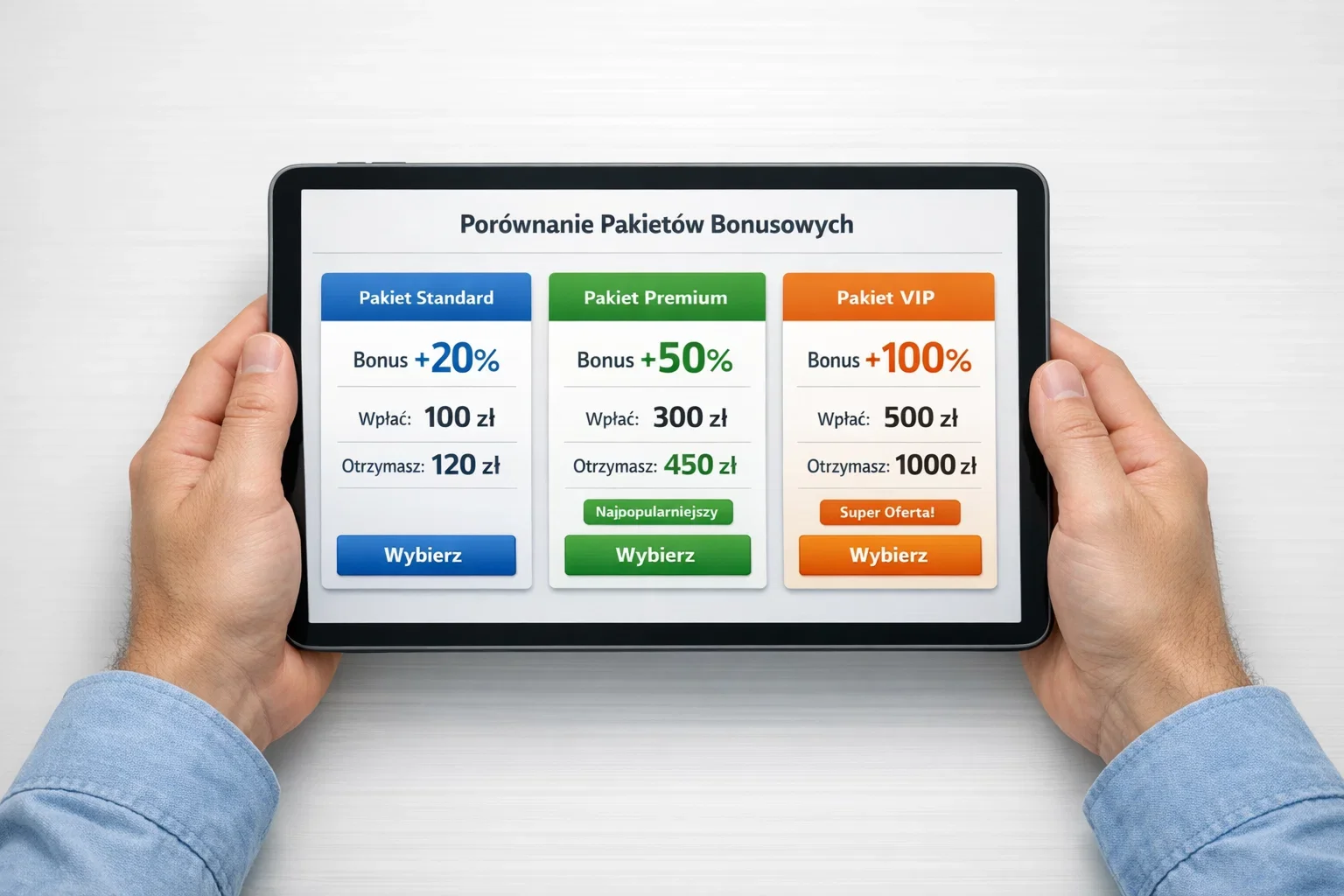 Osoba przeglądająca różne opcje pakietów bonusowych na tablecie