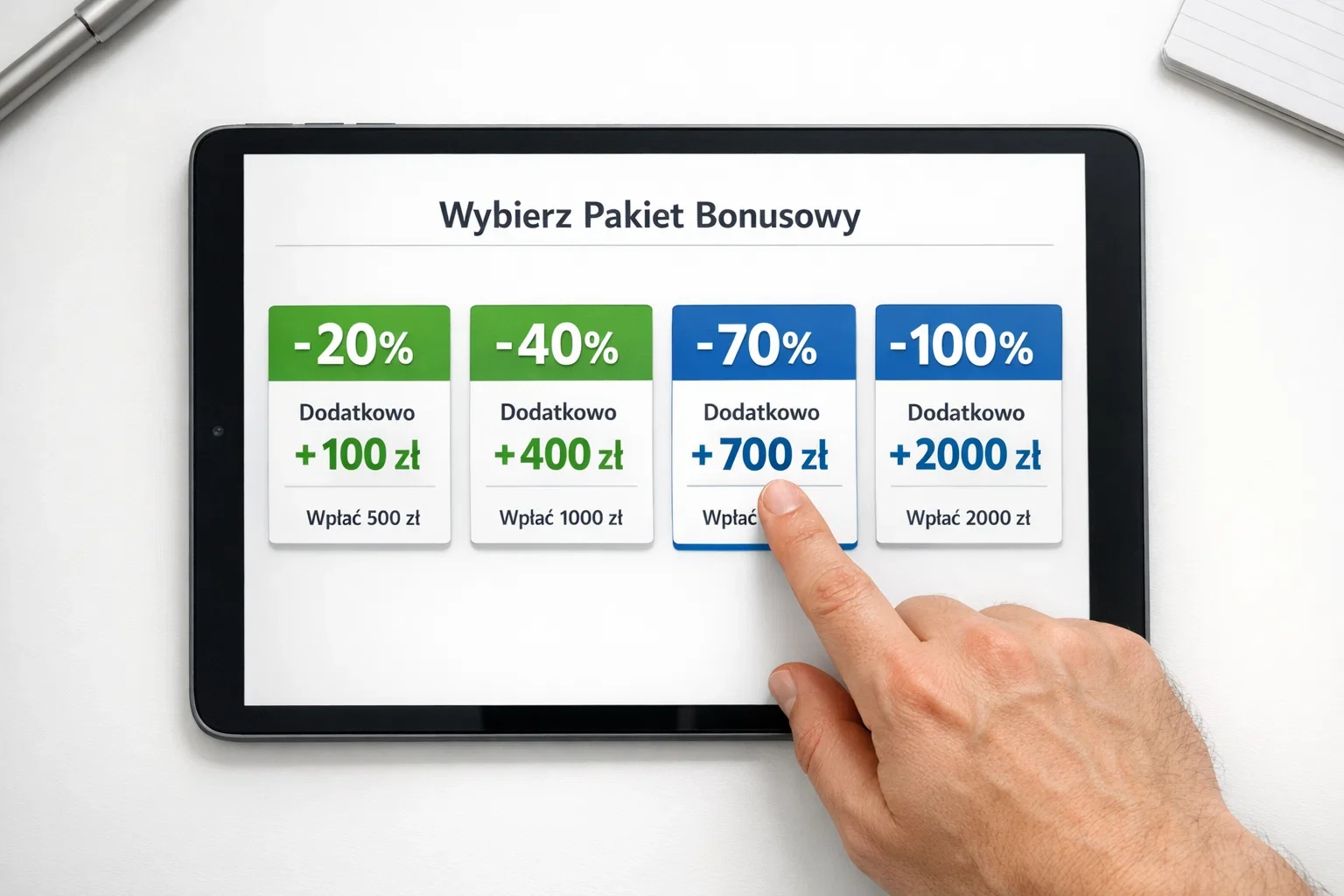 Tablet wyświetlający porównanie różnych pakietów bonusowych