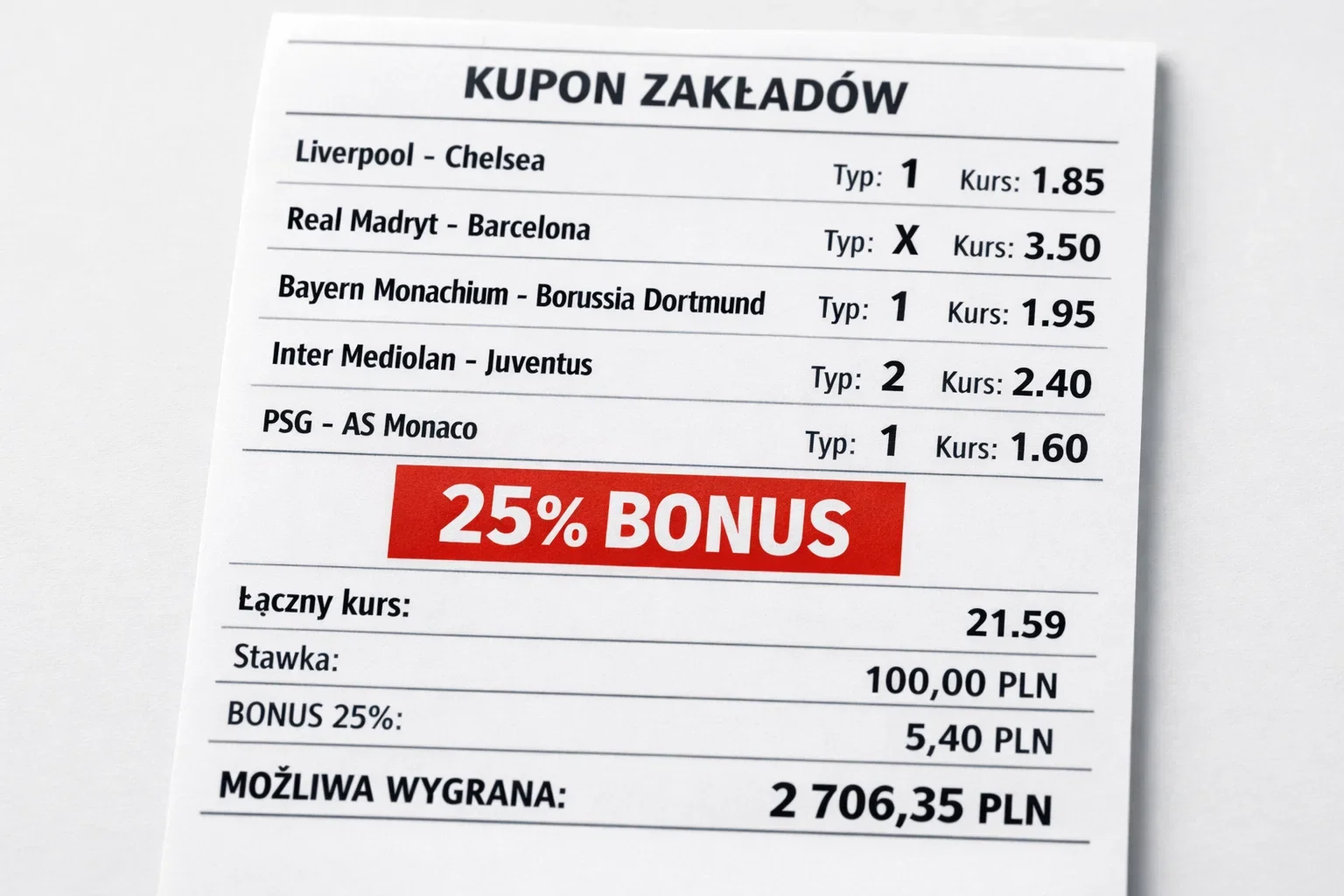 Kupon zakładowy z wieloma zdarzeniami i bonusem procentowym