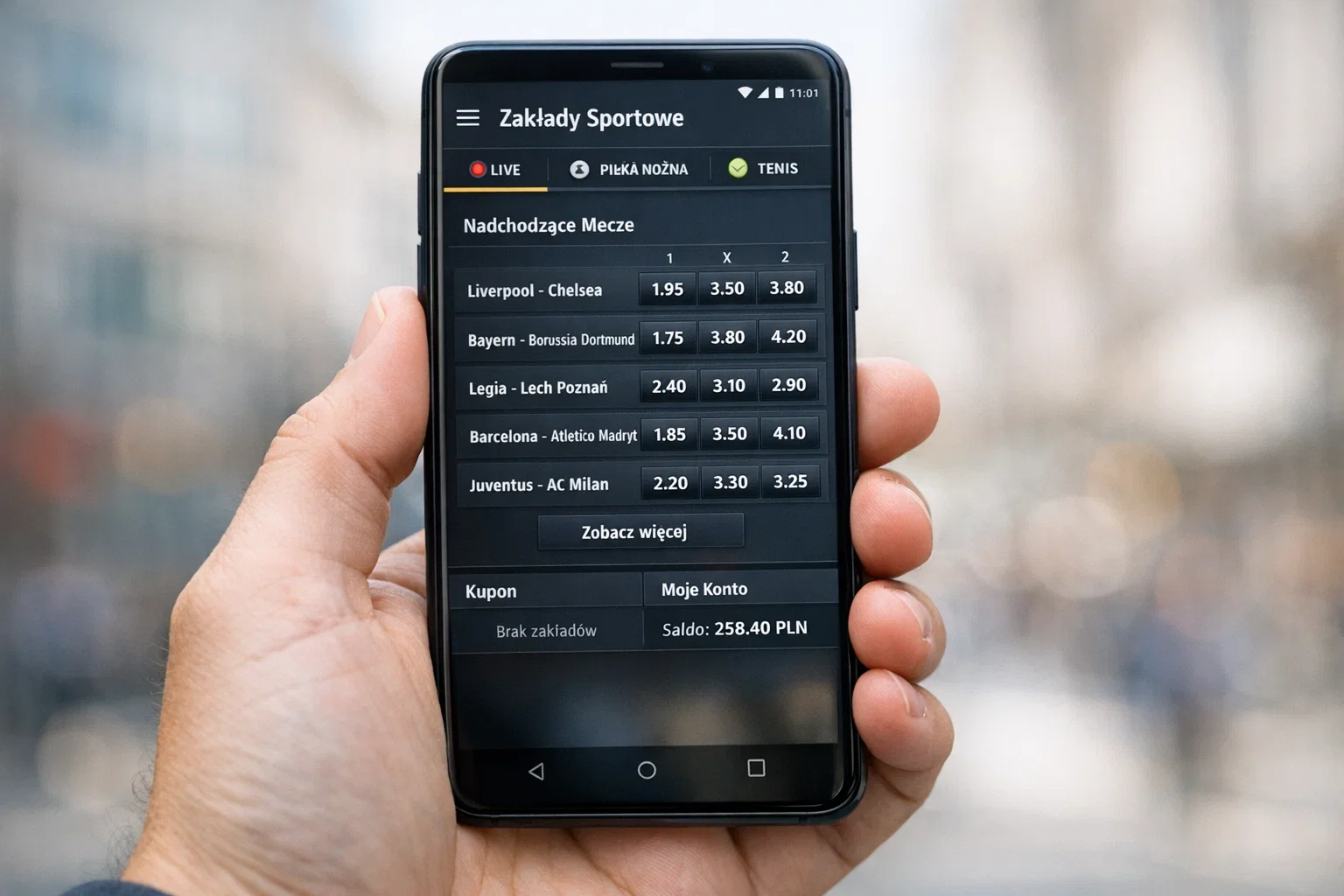 Smartfon z aplikacją Fortuna wyświetlający ofertę zakładów