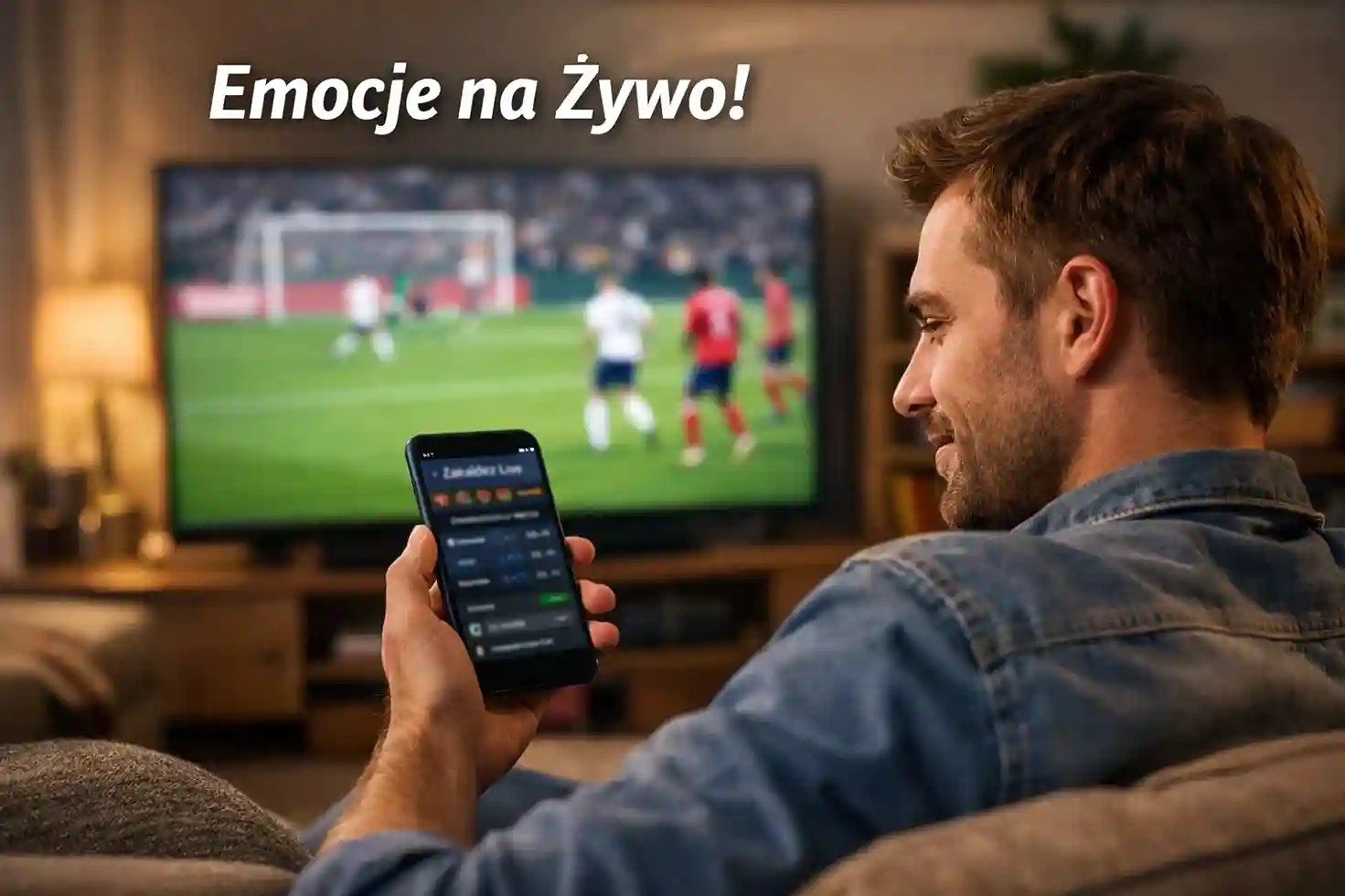 Mężczyzna oglądający mecz piłkarski na telewizorze i obstawiający na telefonie