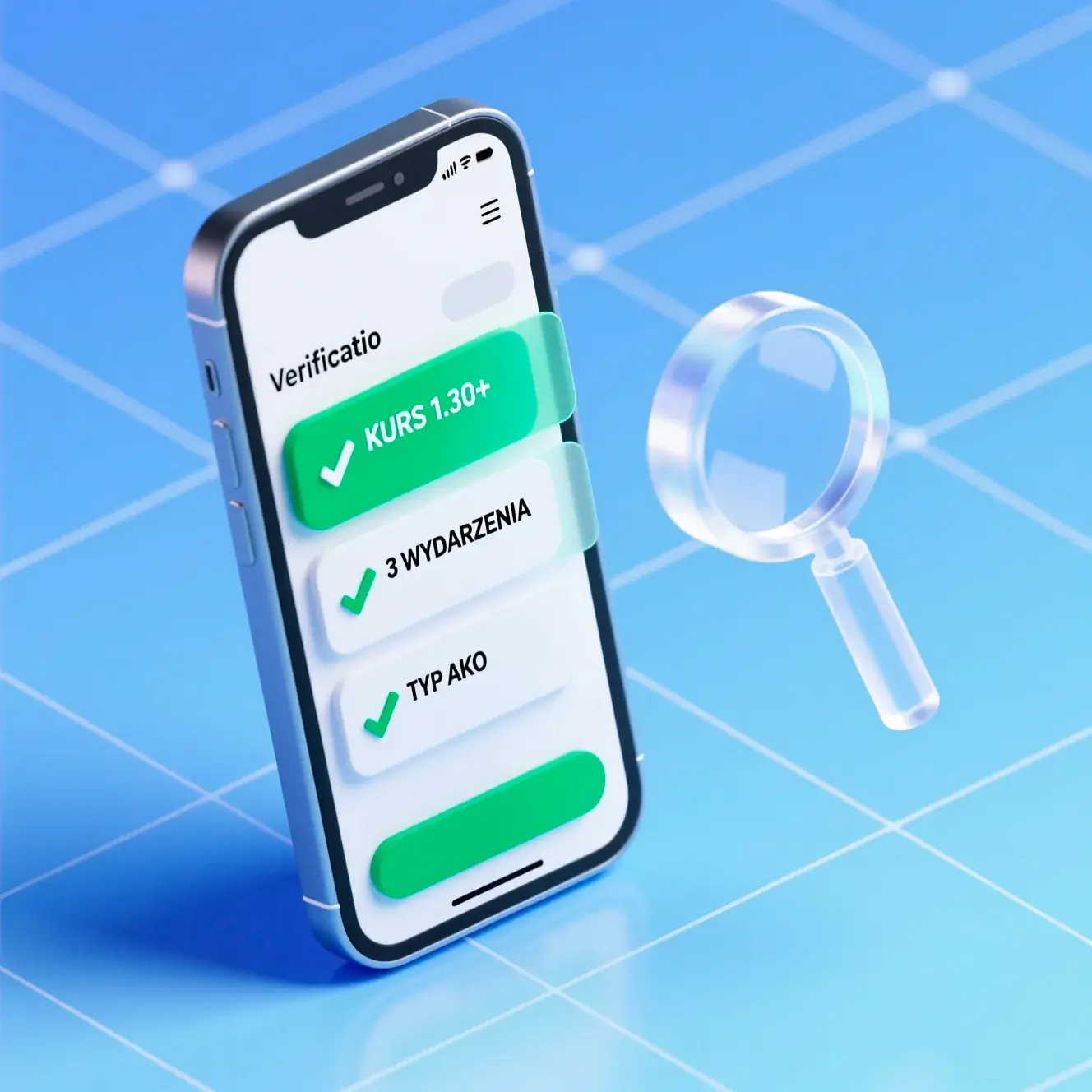 Smartfon pokazujący interfejs weryfikacji kuponu z zielonymi znakami dla spełnionych warunków promocji