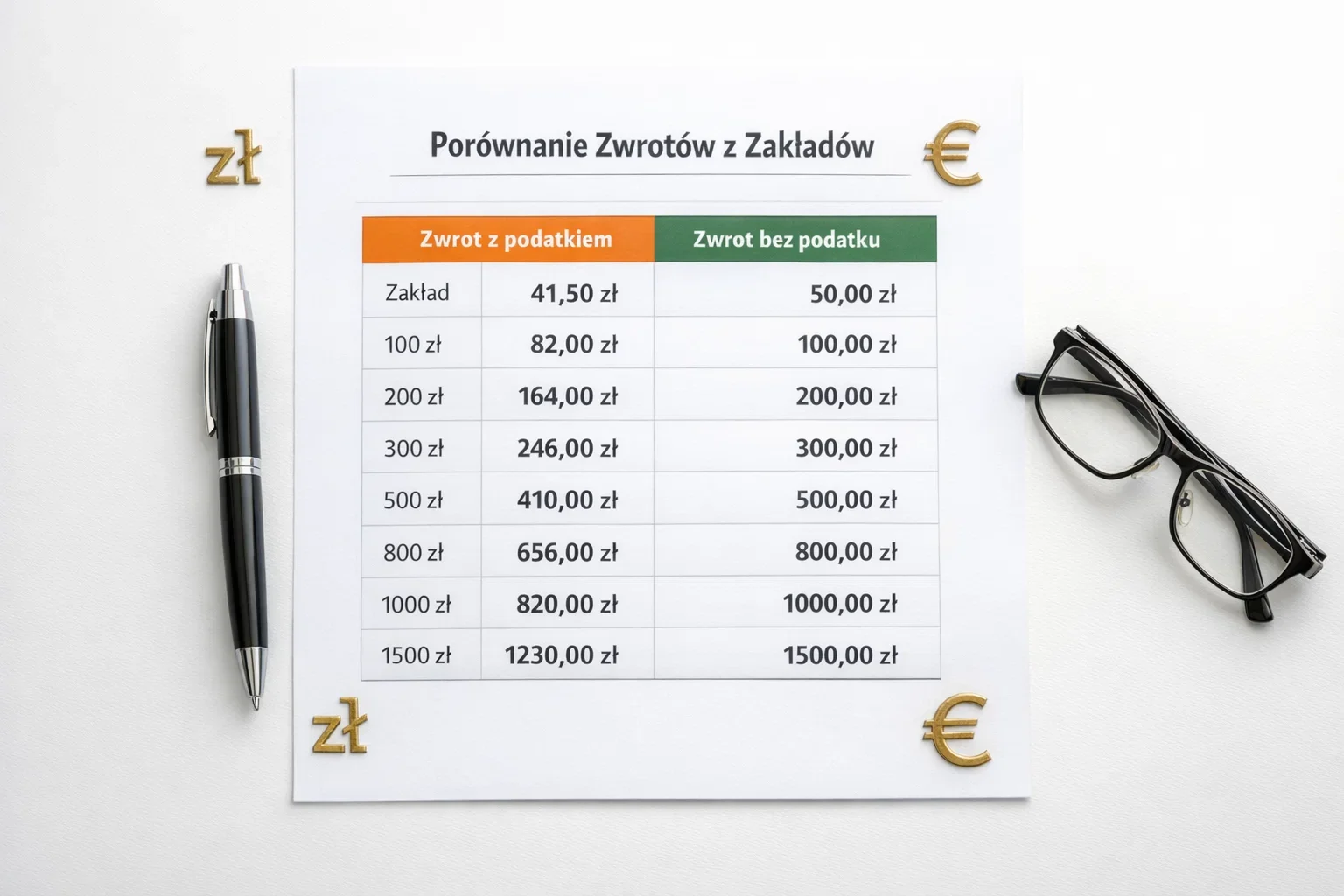 Dokument z tabelą porównującą wygrane z podatkiem i bez podatku