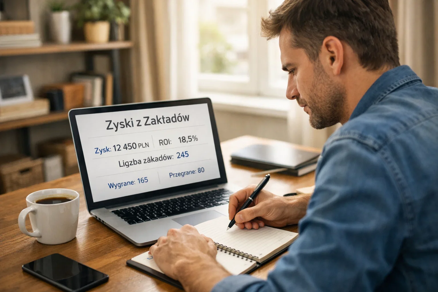 Osoba analizująca wygrane z zakładów na laptopie z notatkami