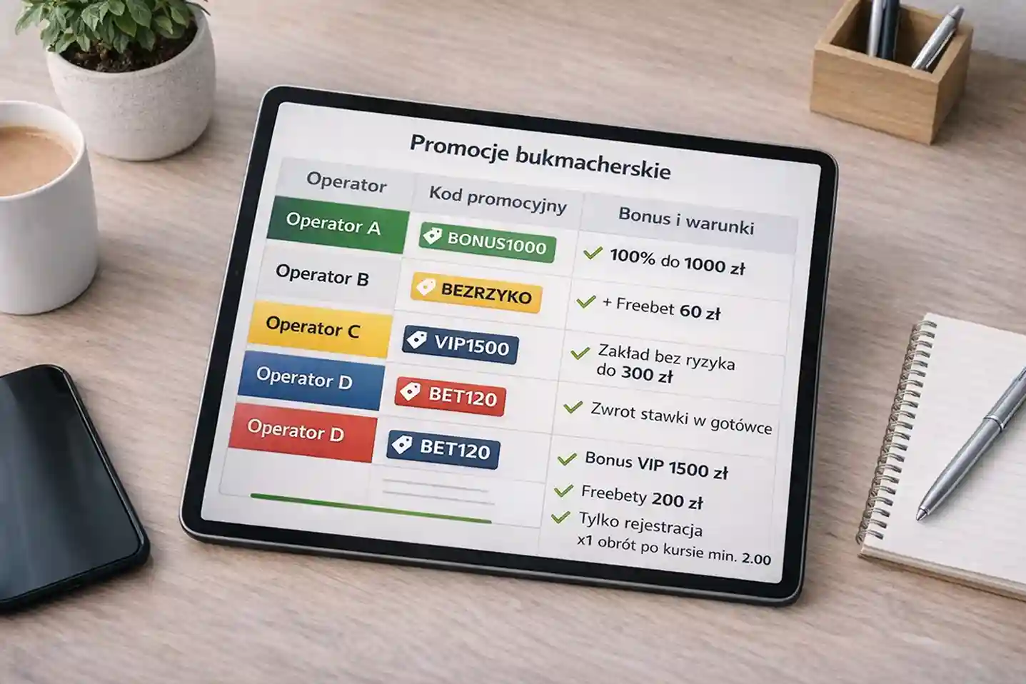 Tabela podsumowująca kody promocyjne bukmacherów