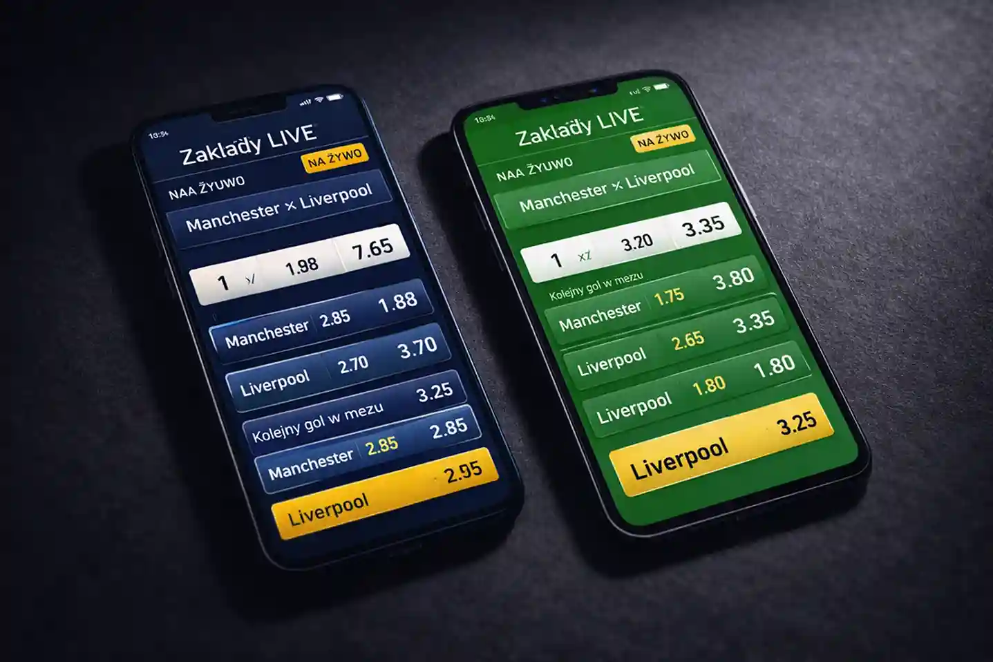 Dwa telefony pokazujące oferty live różnych bukmacherów