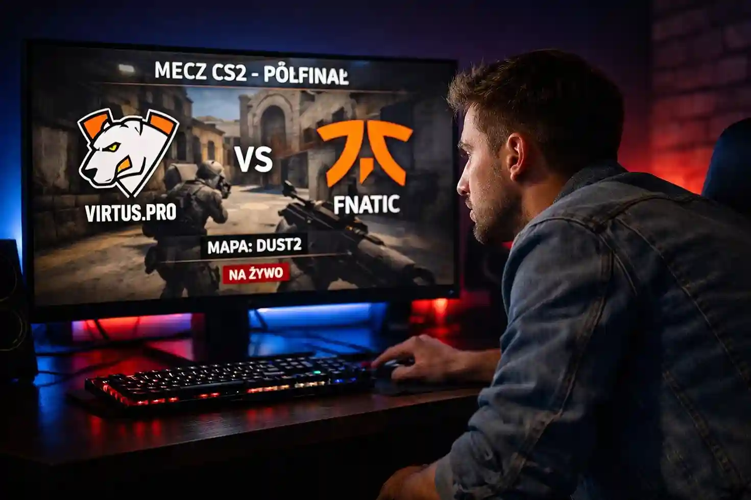Młody gracz oglądający turniej e-sportowy na monitorze komputera