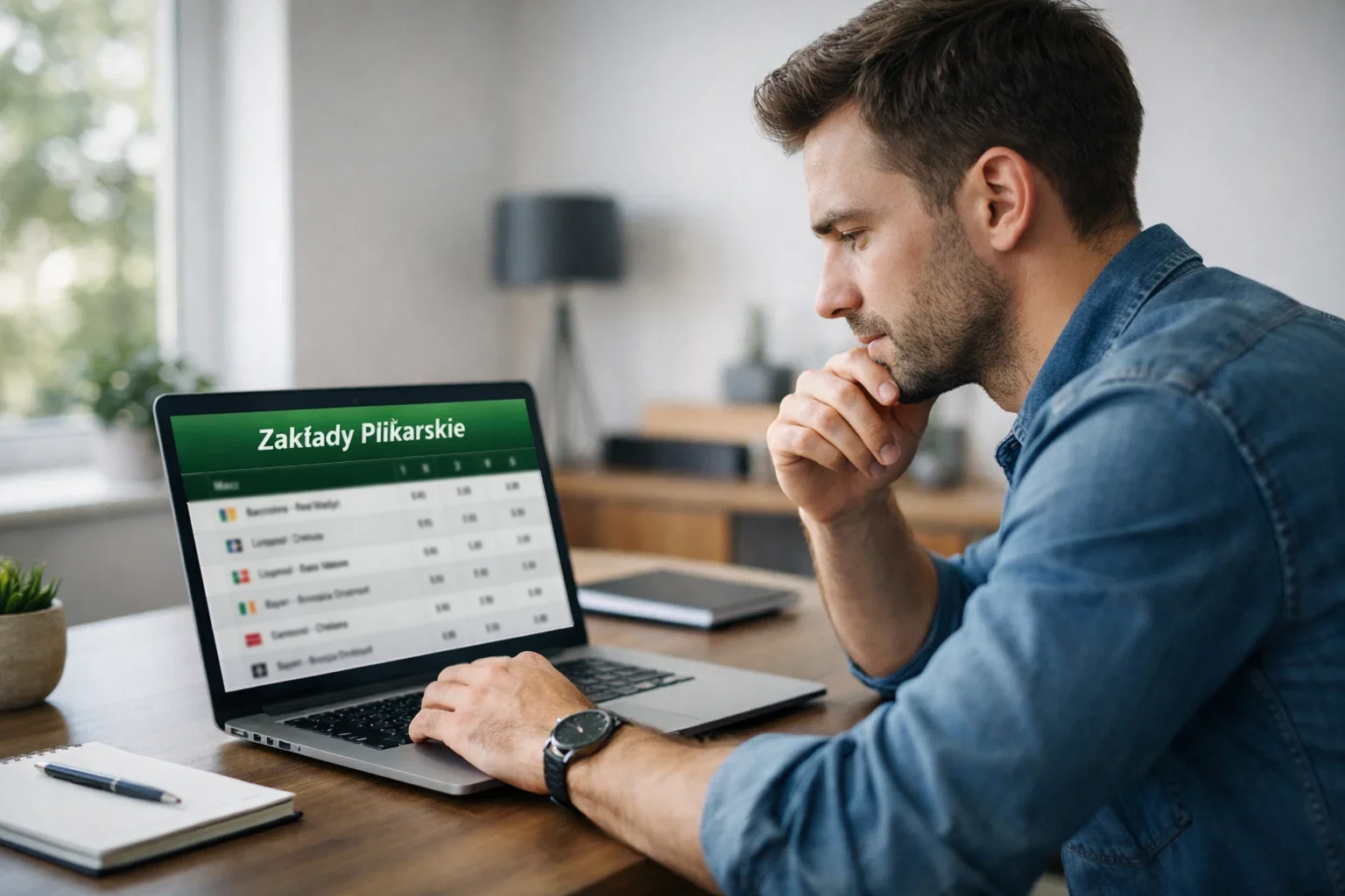 Gracz analizujący ofertę bukmacherską na nowoczesnym laptopie
