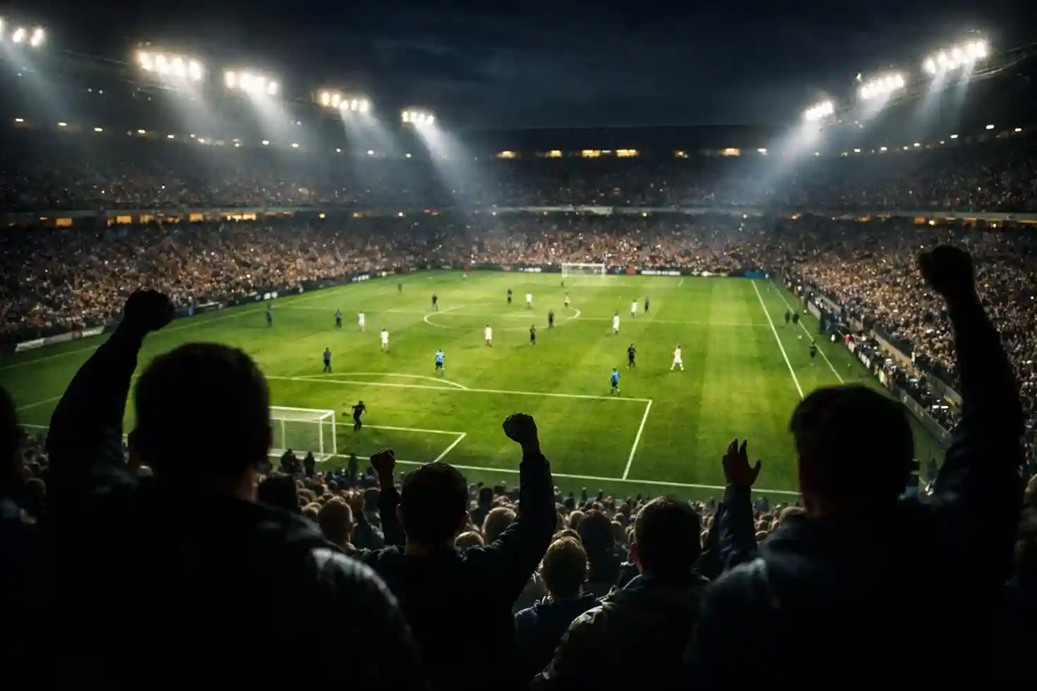 Stadion piłkarski widziany z trybun podczas meczu wieczorem