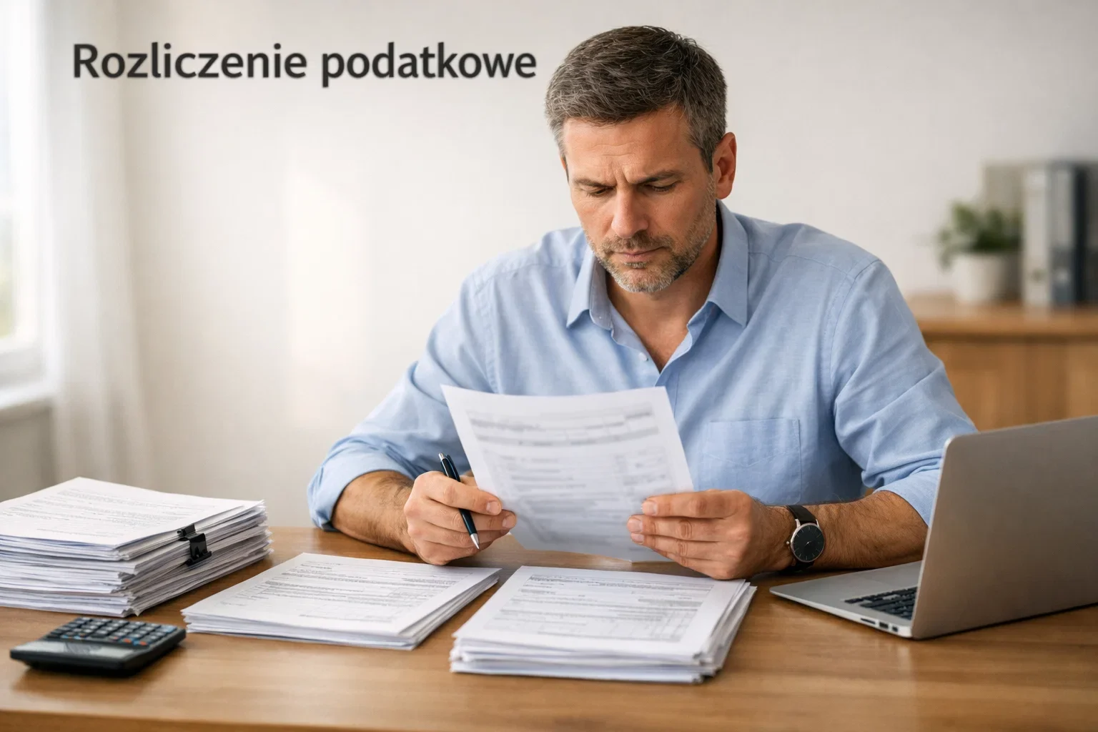 Osoba przeglądająca dokumenty podatkowe przy biurku