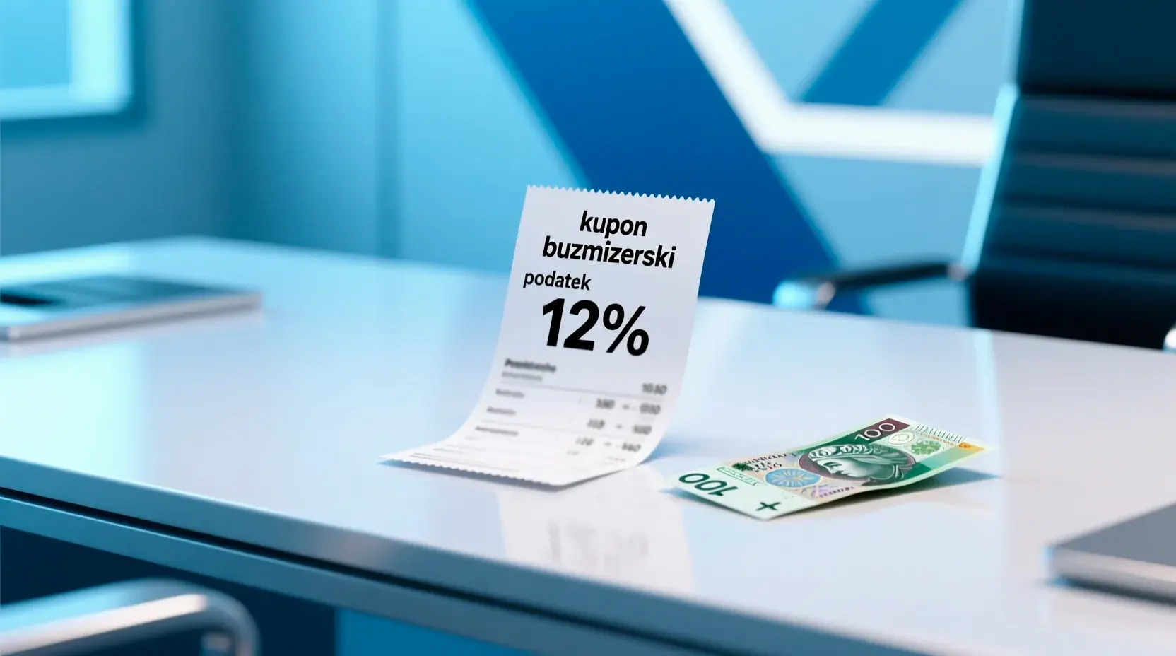 Kalkulator podatku od zakładów bukmacherskich z polskimi złotówkami i kuponem bukmacherskim pokazującym obliczenia 12% i 10% podatku