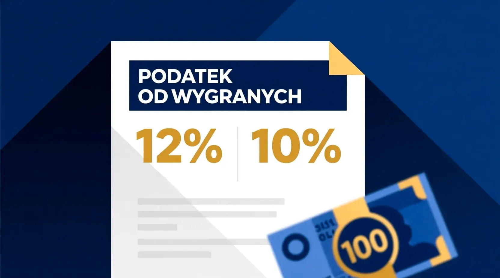 Podatki od zakładów bukmacherskich w Polsce - kalkulator z procentami 12% i 10% na tle polskich banknotów złotowych