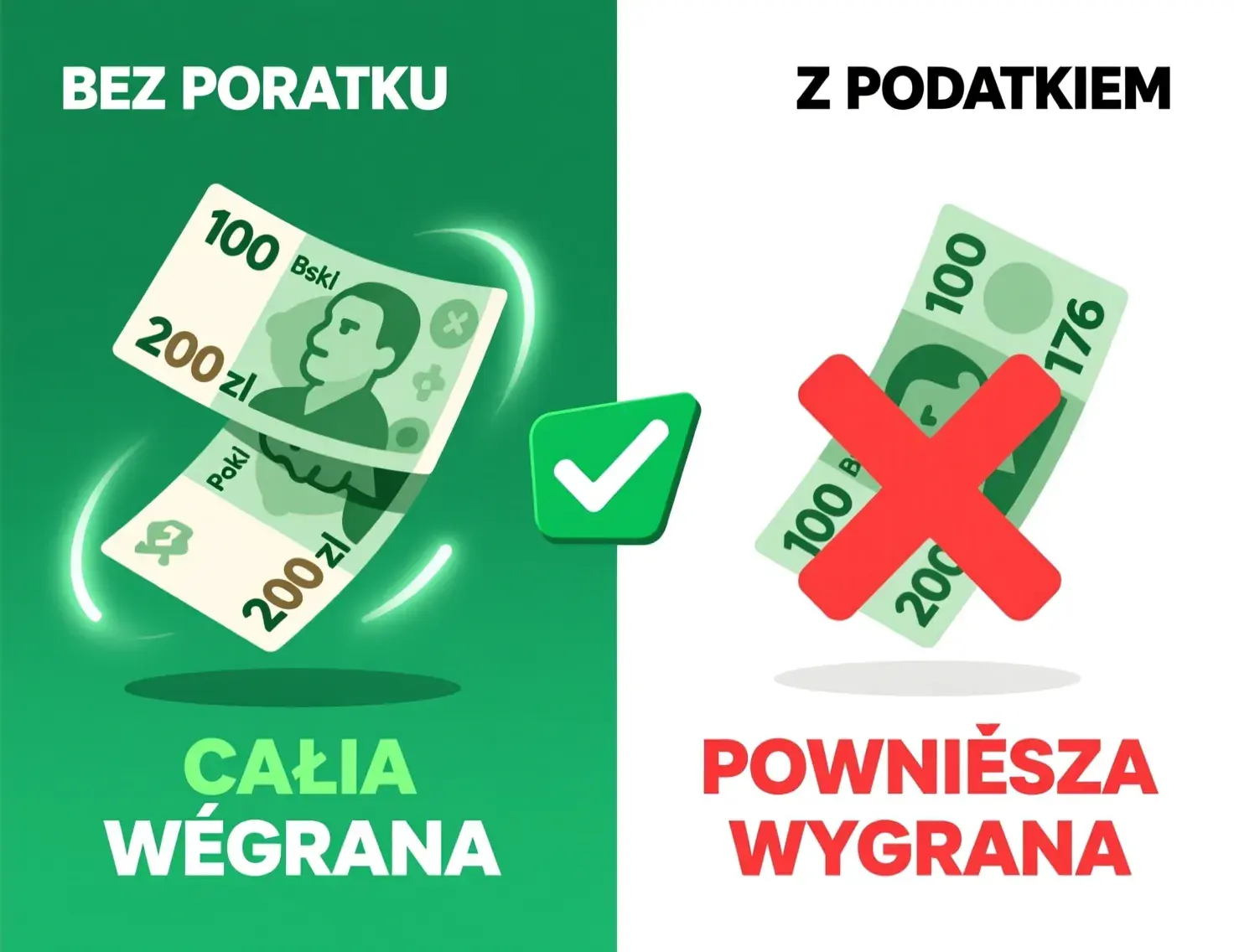 Porównanie wygranej bez podatku i z podatkiem - 100 złotych stawki daje 200 zł bez podatku vs 176 zł z podatkiem 12%