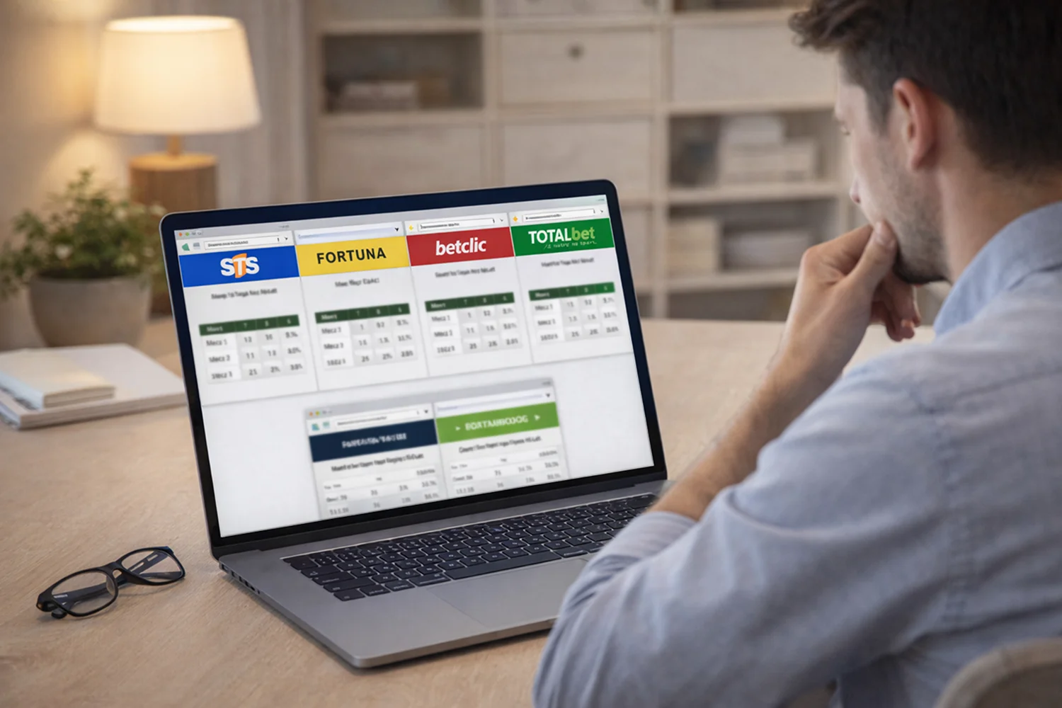 Osoba porównująca oferty bukmacherów na laptopie