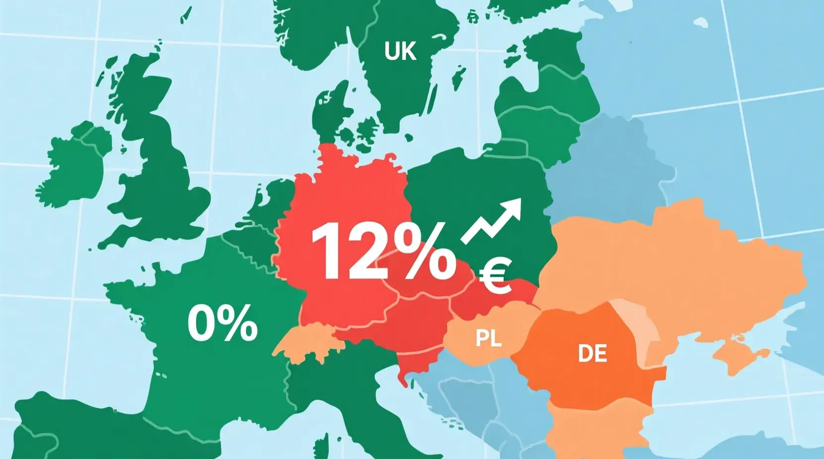Mapa Europy pokazująca porównanie stawek podatku od zakładów bukmacherskich w różnych krajach - Polska 12 procent na tle innych państw