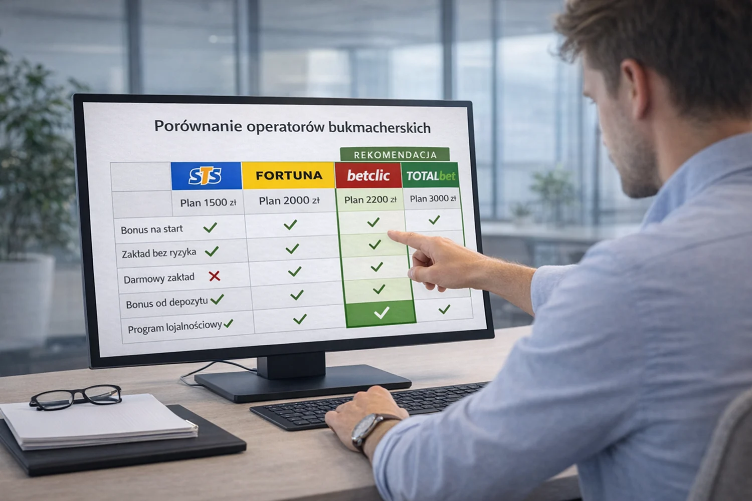 Osoba wskazująca najlepszą opcję na ekranie z porównaniem