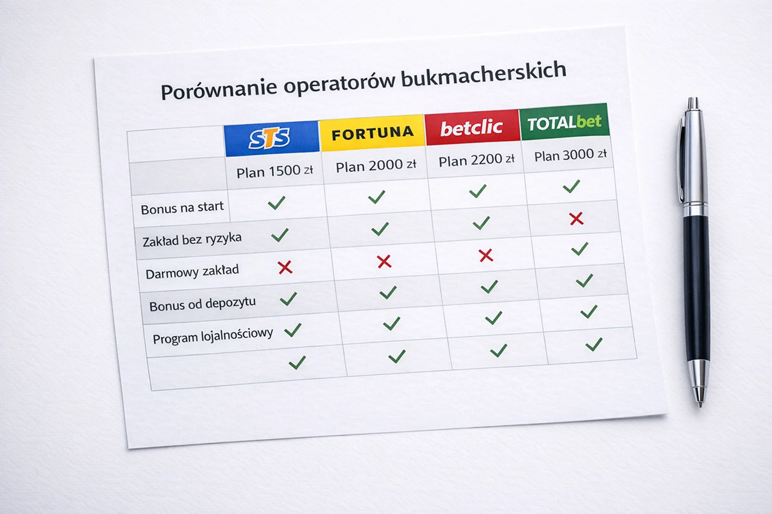 Dokument z tabelą porównawczą warunków promocji u różnych bukmacherów