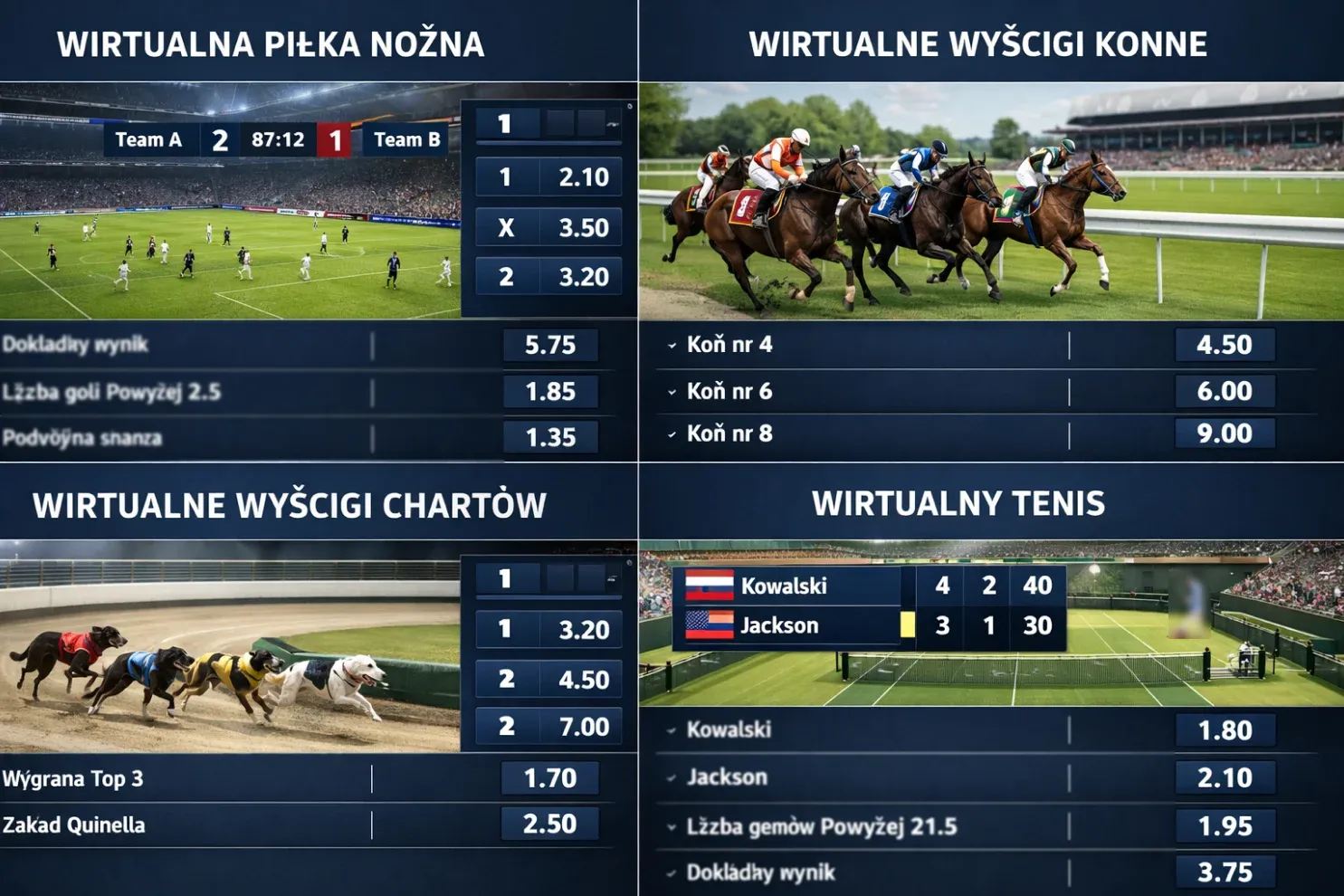 Różne rodzaje sportów wirtualnych: piłka nożna, wyścigi konne, tenis