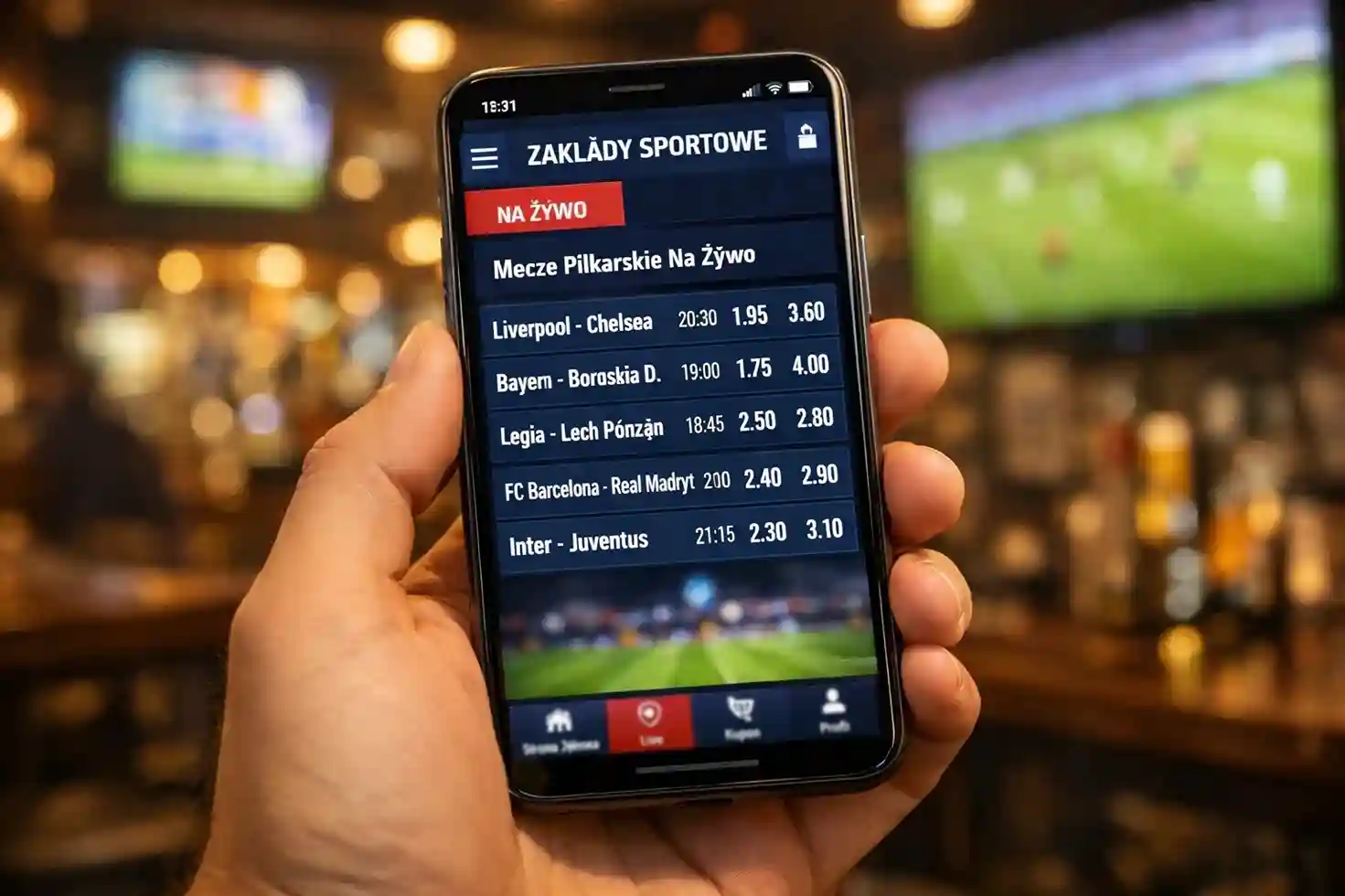 Smartfon z aplikacją TOTALbet pokazujący listę dostępnych meczów