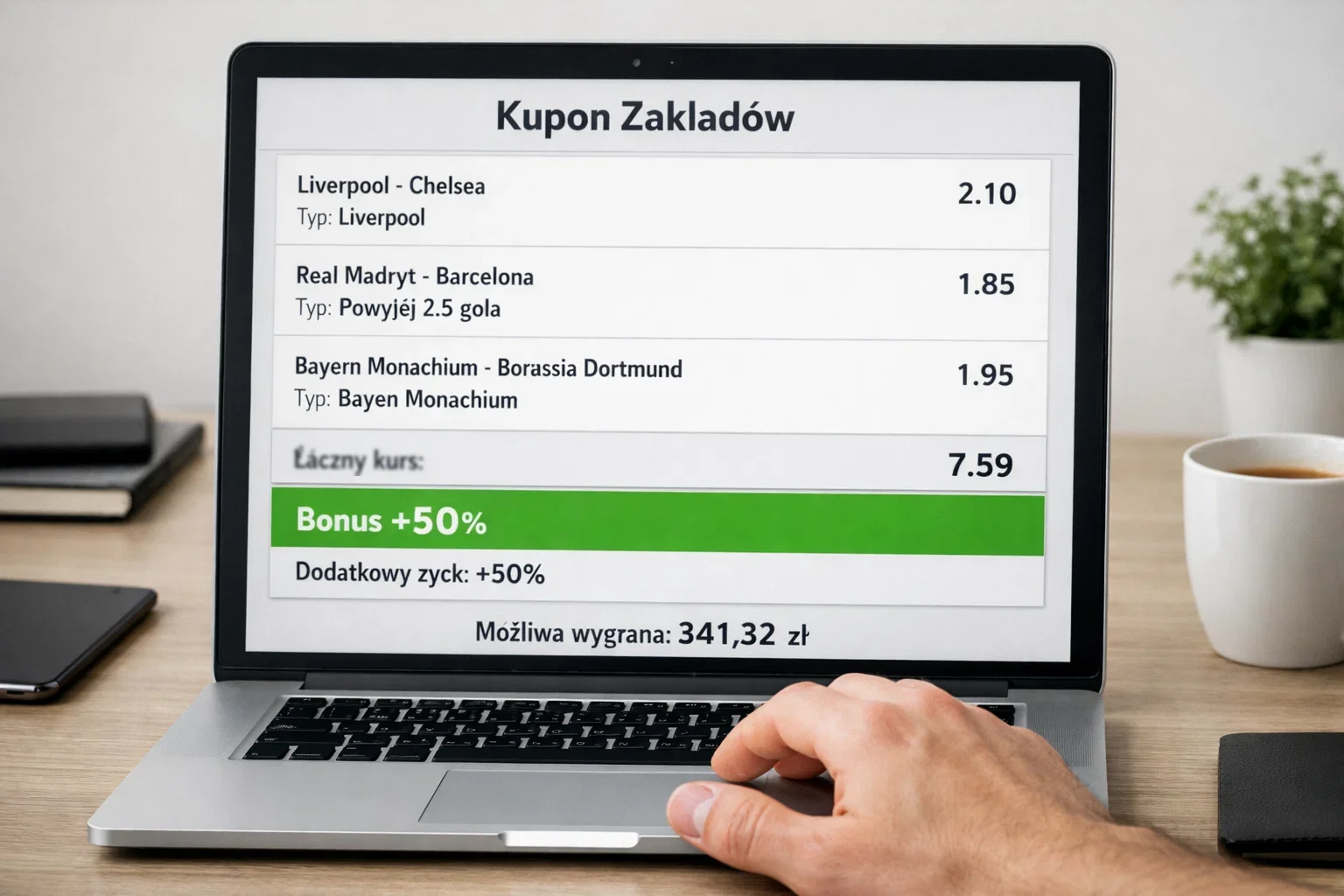Ekran kuponu z widocznym bonusem i powiększoną wygraną