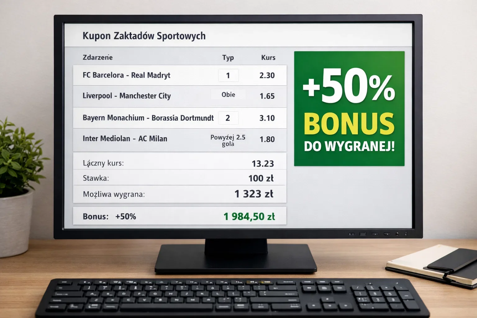 Ekran komputera pokazujący kupon z bonusem procentowym