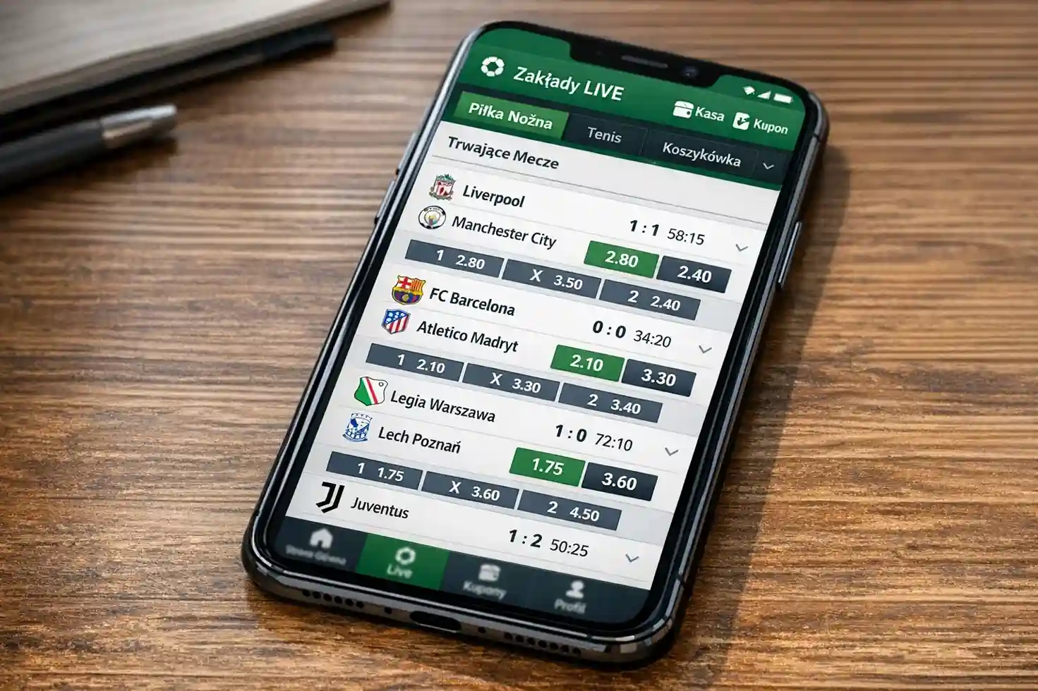 Smartfon z aplikacją TOTALbet wyświetlającą ofertę meczów