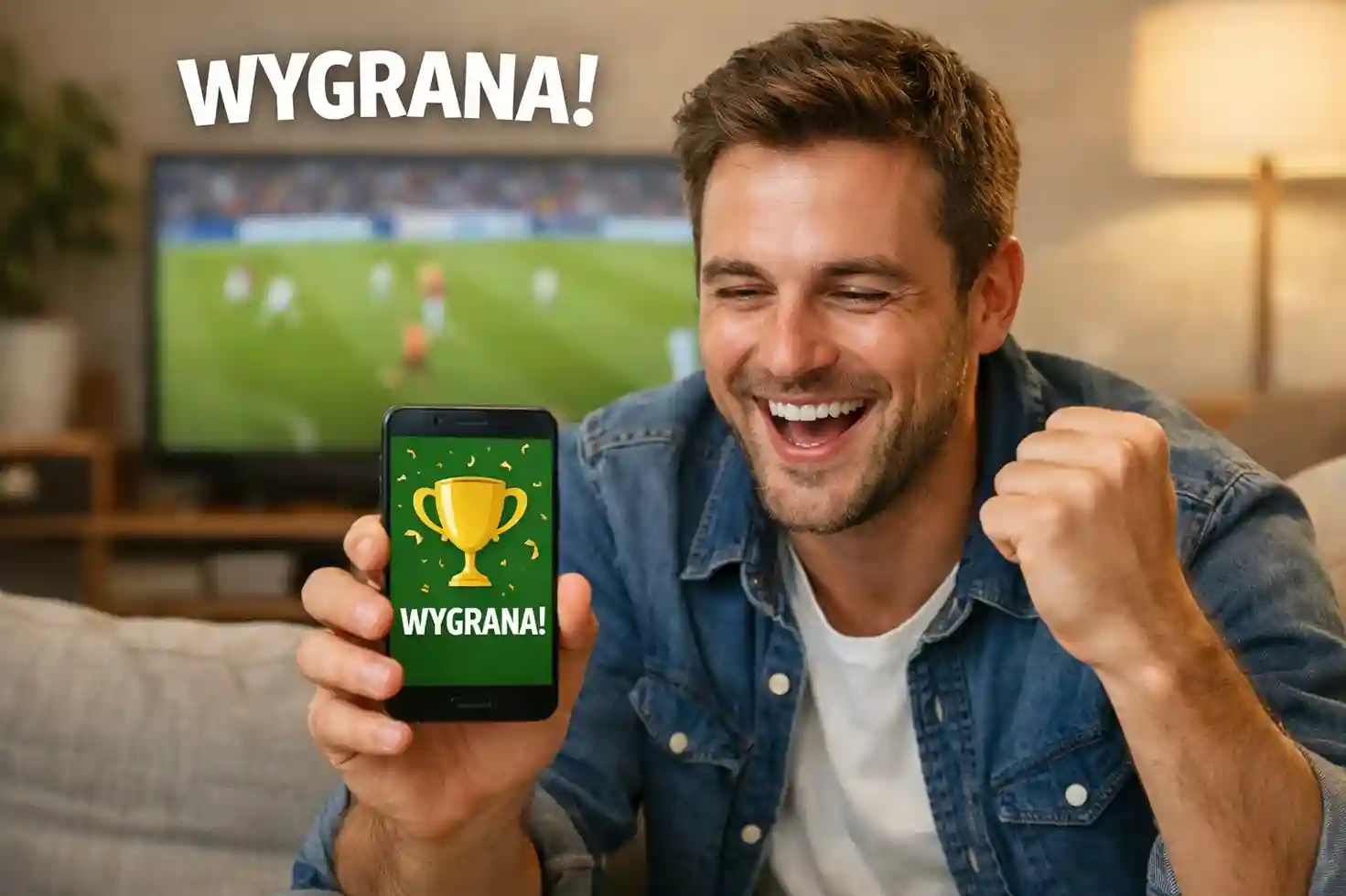 Uśmiechnięty mężczyzna sprawdzający wygraną na smartfonie