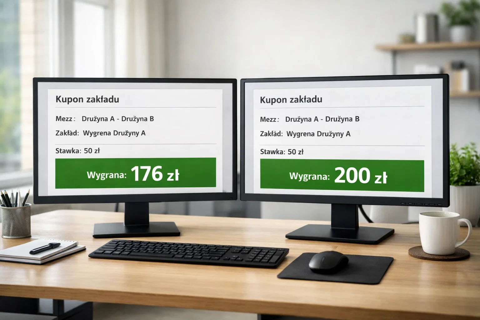 Dwa ekrany komputerów pokazujące różne wartości wygranych z zakładów