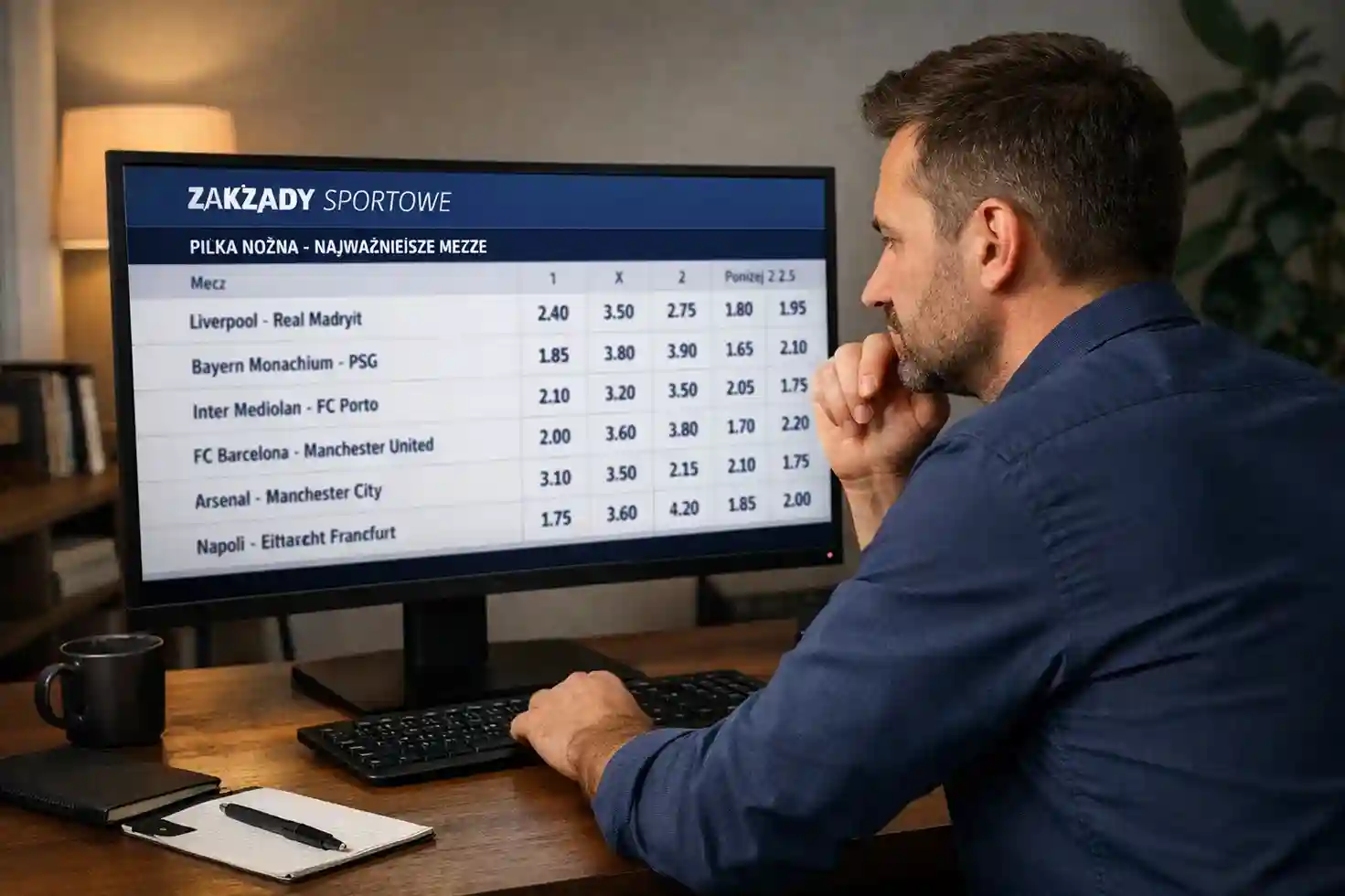 Osoba analizująca kursy bukmacherskie na ekranie komputera